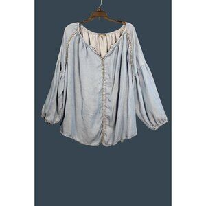 Hannah Plus Size 2X Light Blue Peasant Blouse With Embroidered Trim